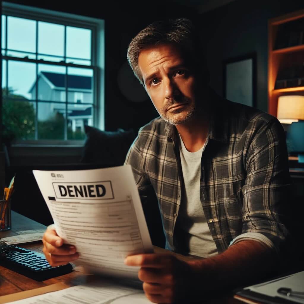 A middle-aged Caucasian man sitting at a home office desk, looking sad and contemplative. He holds a rejected IRS payment plan letter in one hand.