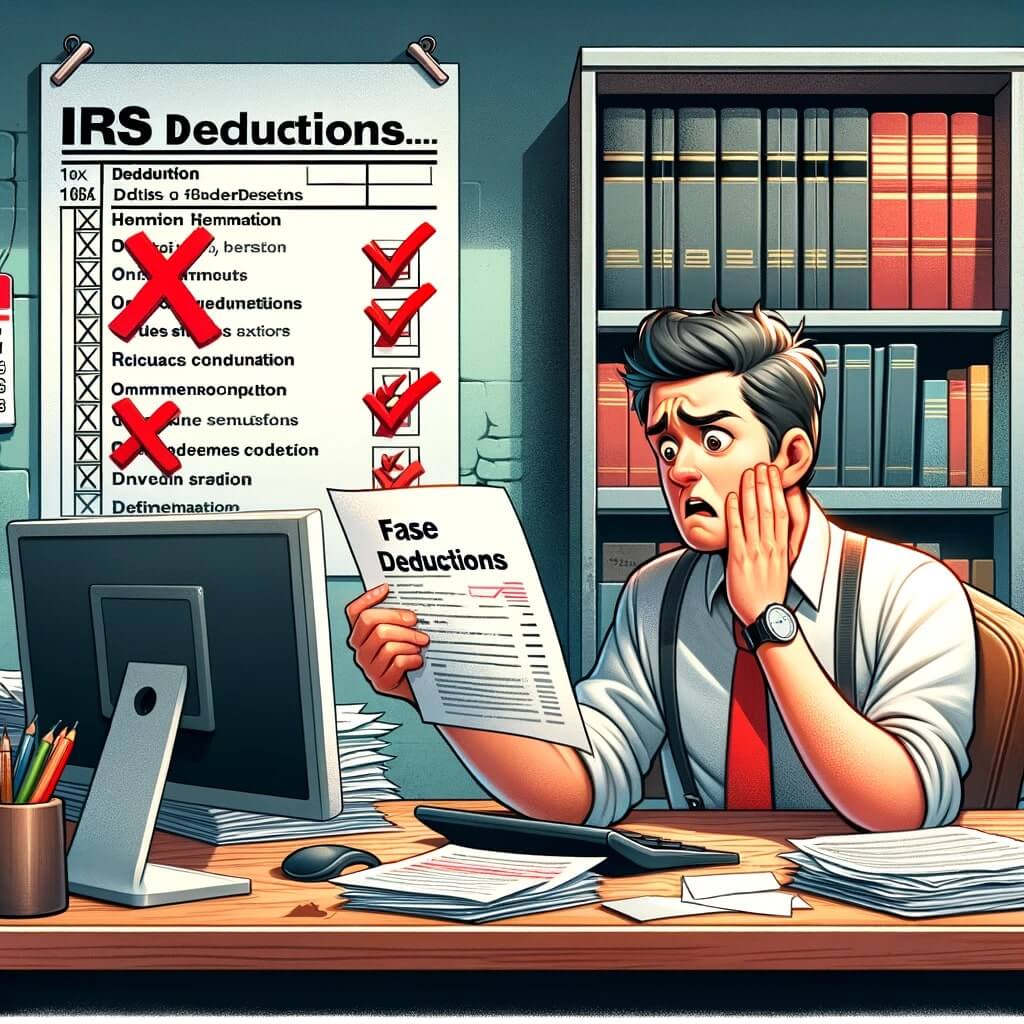 An illustration depicting the concept of IRS false deductions. The scene shows a puzzled accountant sitting at a desk cluttered with papers and a computers,