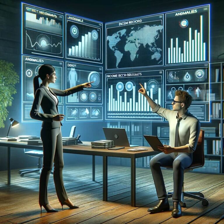 A 3D illustration depicting the concept of detecting and addressing income record irregularities. The scene features a modern office environment with laptops.