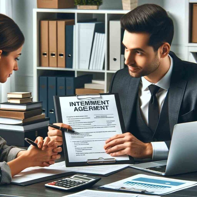 A professional tax advisor or accountant sitting at a desk, engaged in a discussion with a client about installment agreement negotiations. The advisor is holding installment agreement forms and explaining the terms, while the client is reviewing financial documents. The desk is organized with tax-related paperwork, a laptop showing installment agreement guidelines, and a bookshelf with financial books, indicating expertise and preparation for negotiations.