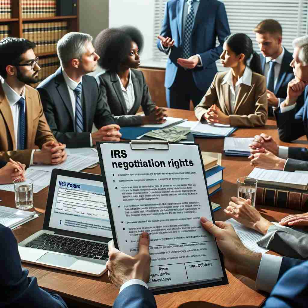 A diverse group of individuals, including taxpayers and a professional tax advisor or lawyer, gathered around a conference table. The tax advisor is holding a document titled "IRS Negotiation Rights" and explaining rights and options to the taxpayers. The table is filled with tax-related documents, a laptop showing IRS forms, and legal books, symbolizing informed negotiations.