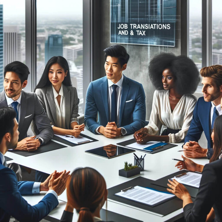 A diverse group of professionals in business attire, engaged in a discussion around a conference table in a modern office, with a signage saying Job Transitions and Tax Consideration.